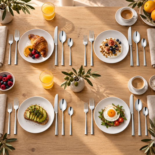 Mepra Atena 20-piece polished steel flatware arranged as four sunlit breakfast place settings