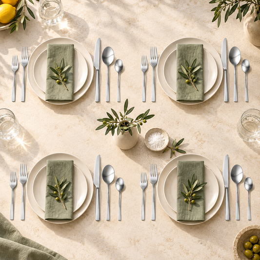 Mepra Atena Ice 20-piece brushed steel flatware arranged as four sunlit limestone-table place settings