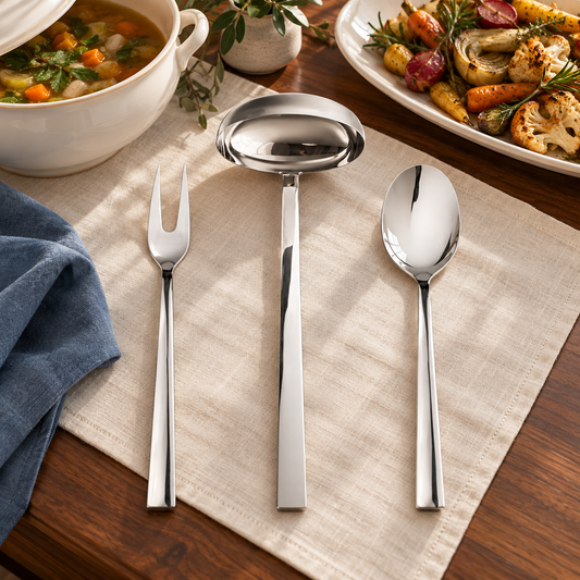 Mepra Atena three-piece polished silver serving set beside a buffet meal