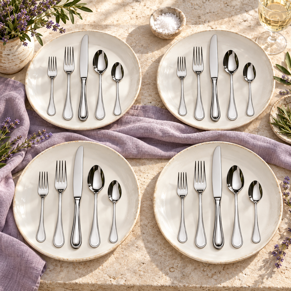 Mepra Boheme 20-piece polished silver flatware arranged as four sunlit lavender-accented place settings