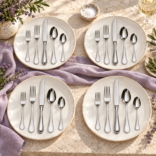 Mepra Boheme 20-piece polished silver flatware arranged as four sunlit lavender-accented place settings