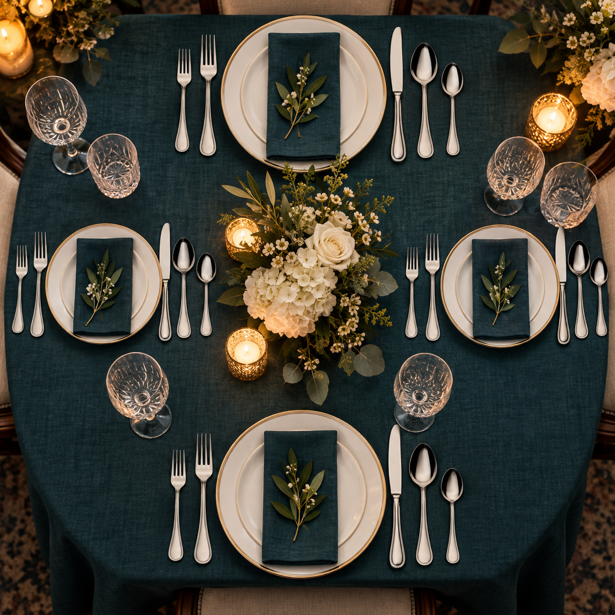Mepra Boheme 20-piece polished silver flatware displayed as four formal teal evening place settings