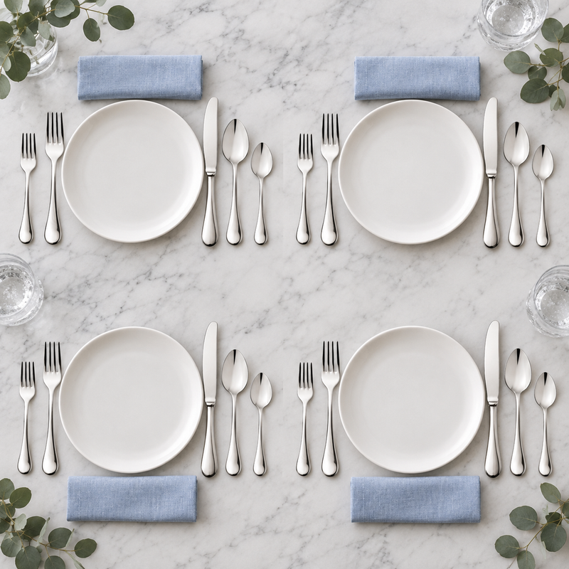 Mepra Brescia 20-piece polished silver flatware arranged as four marble-table place settings