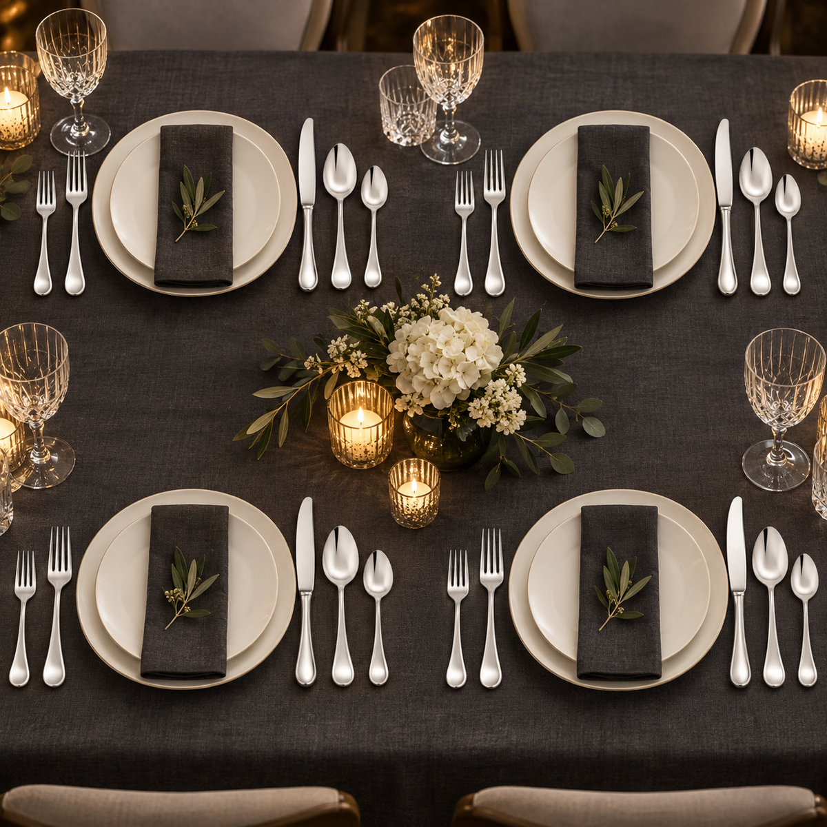 Mepra Brescia 20-piece polished silver flatware displayed as four formal charcoal evening place settings