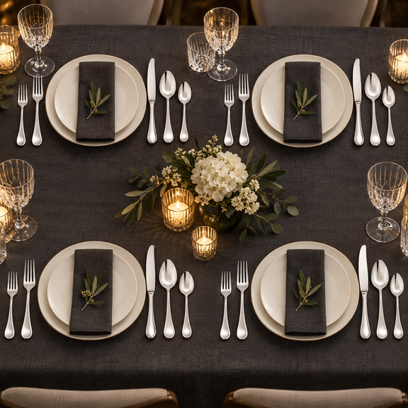 Mepra Brescia 20-piece polished silver flatware displayed as four formal charcoal evening place settings