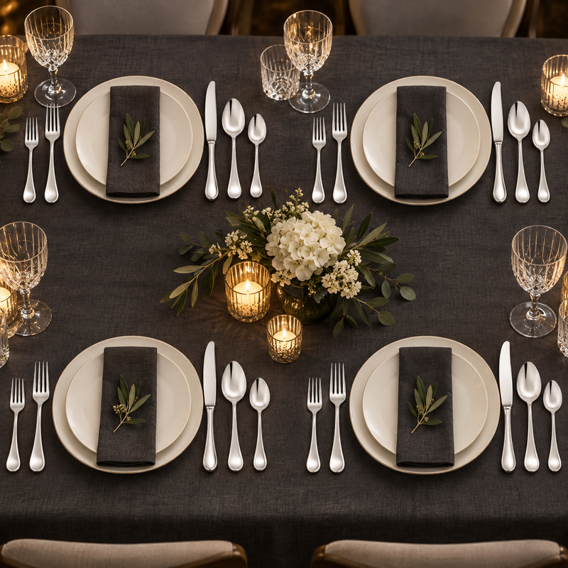 Mepra Brescia 20-piece polished silver flatware displayed as four formal charcoal evening place settings