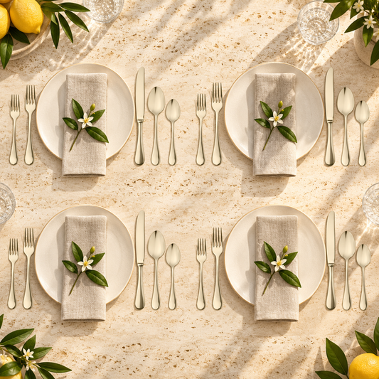 Mepra Brescia Champagne 20-piece flatware arranged as four sunlit travertine-table place settings