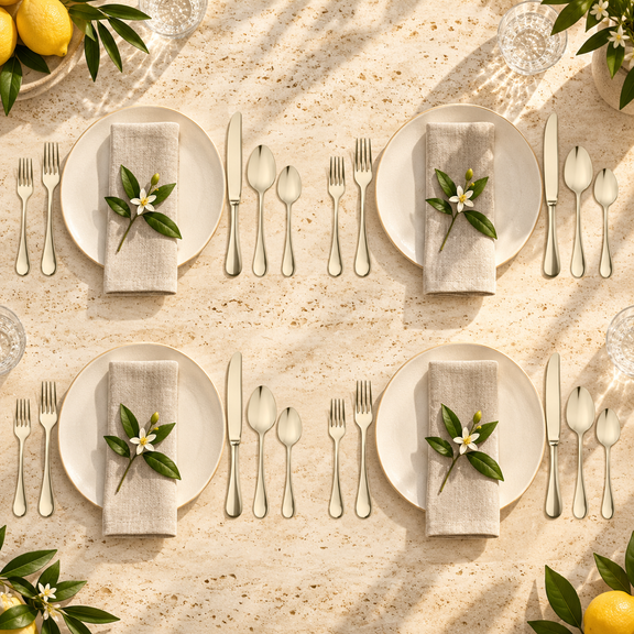 Mepra Brescia Champagne 20-piece flatware arranged as four sunlit travertine-table place settings