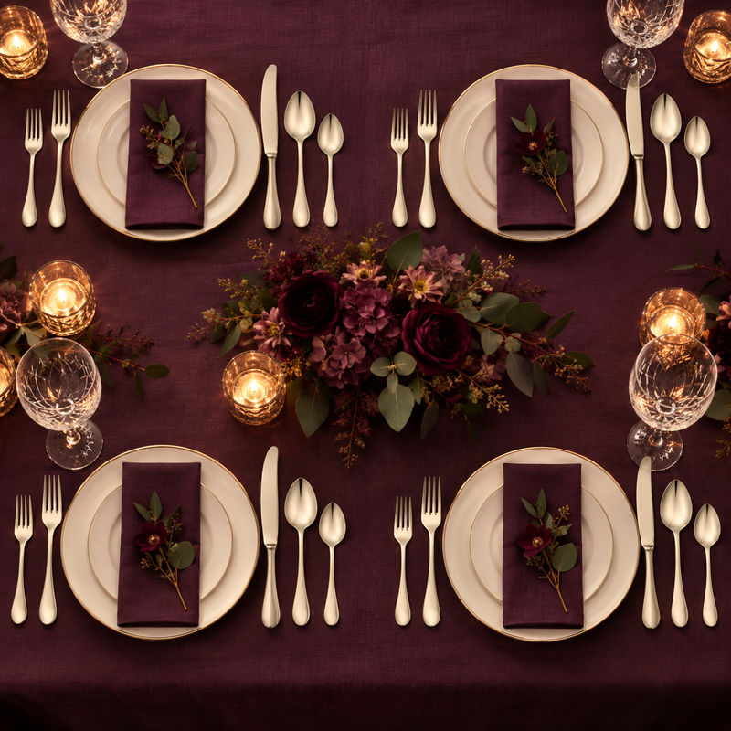 Mepra Brescia Champagne 20-piece flatware displayed as four formal plum evening place settings
