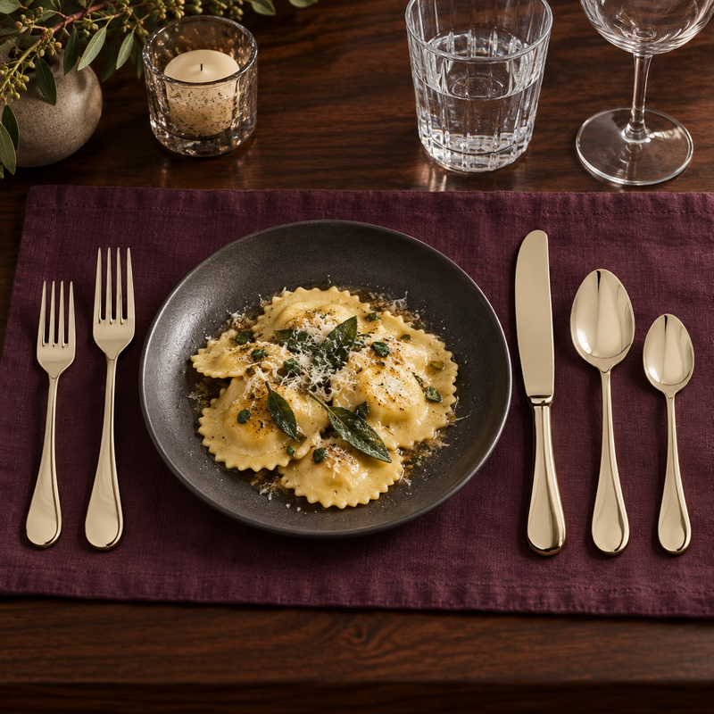 Mepra Brescia Champagne five-piece flatware beside ravioli on plum linen
