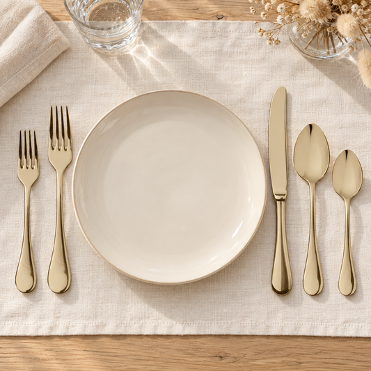 Mepra Brescia Champagne five-piece flatware setting on ivory linen