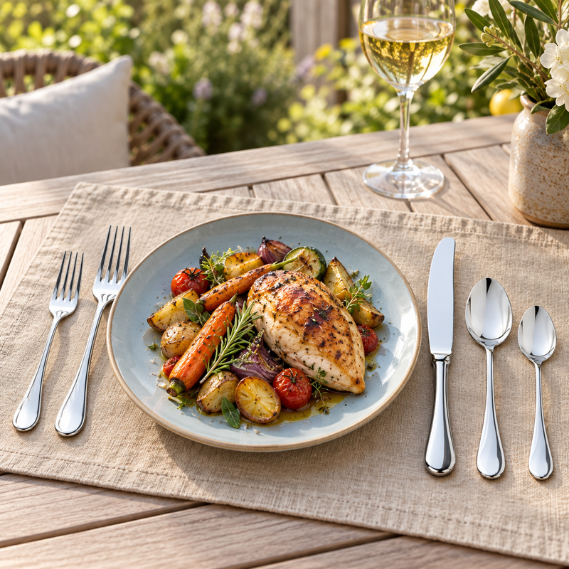 Mepra Brescia five-piece polished flatware at a patio chicken dinner