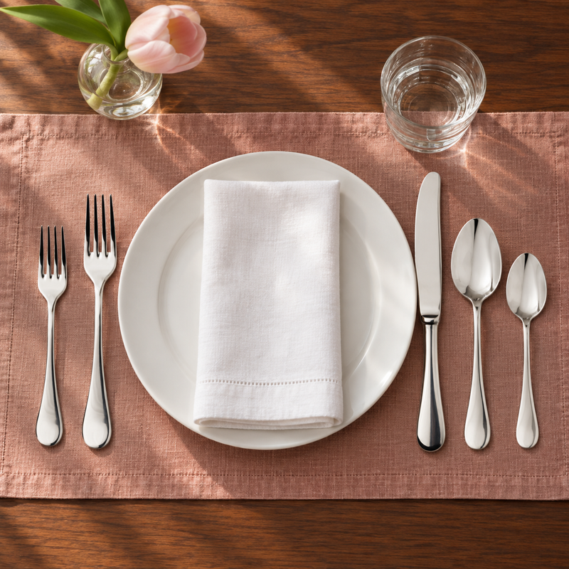 Mepra Brescia five-piece silver setting with white plate and rose linen