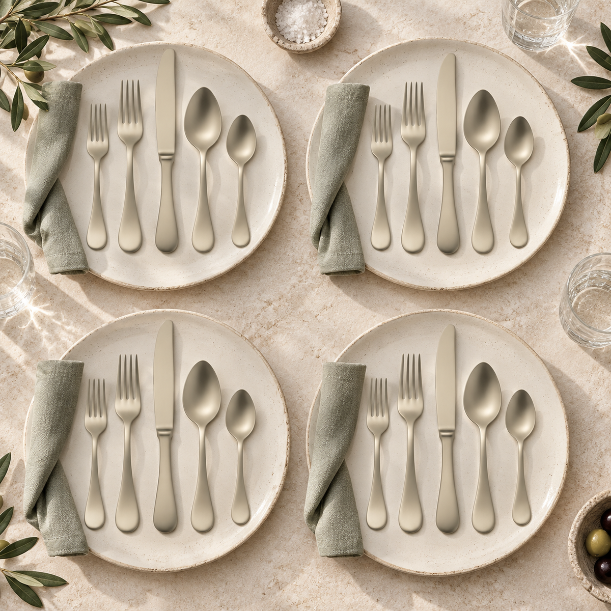 Mepra Brescia Ice Champagne 20-piece flatware arranged as four soft daylight place settings