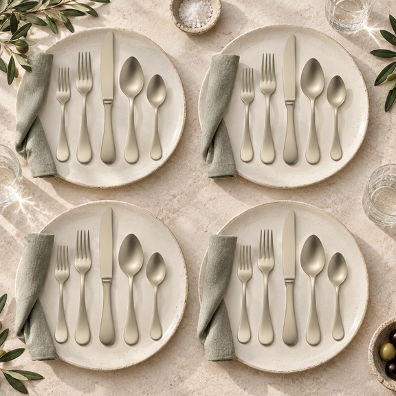 Mepra Brescia Ice Champagne 20-piece flatware arranged as four soft daylight place settings