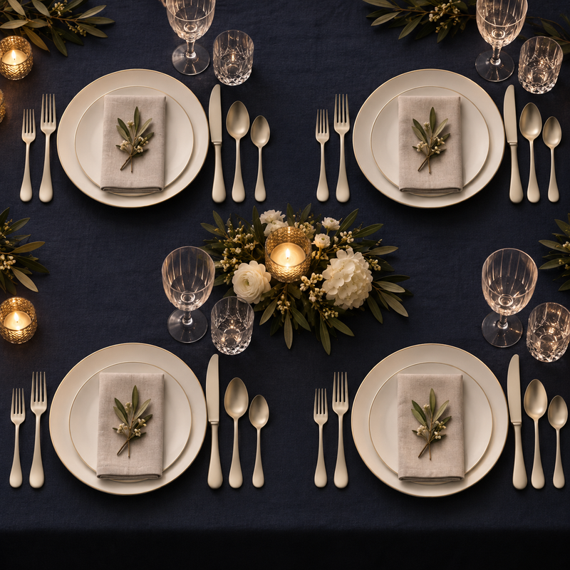 Mepra Brescia Ice Champagne 20-piece flatware displayed as four formal navy evening place settings