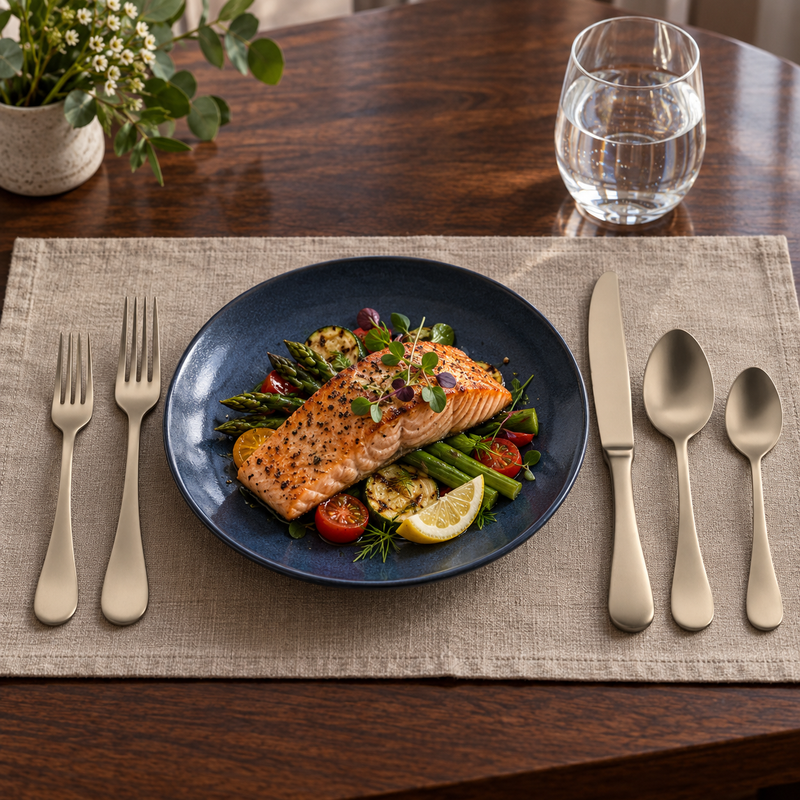 Mepra Brescia Ice Champagne matte flatware beside salmon on taupe linen