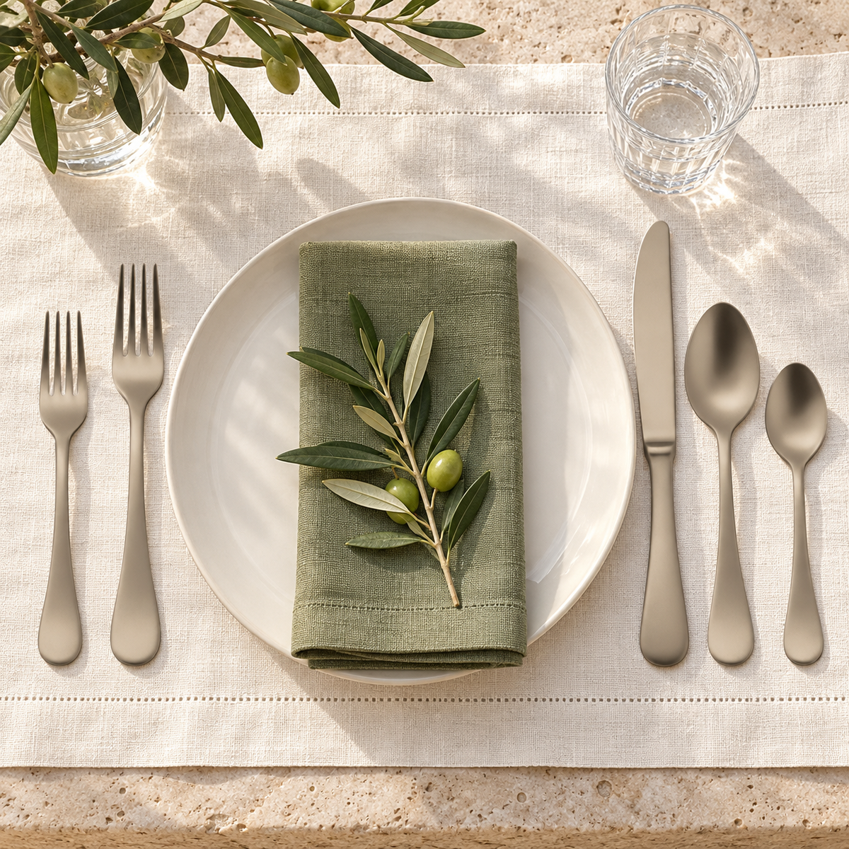 Mepra Brescia Ice Champagne matte five-piece setting with sage napkin