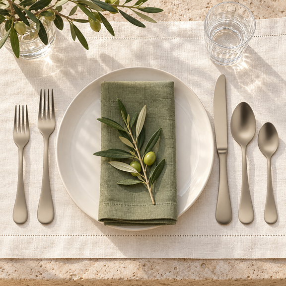 Mepra Brescia Ice Champagne matte five-piece setting with sage napkin