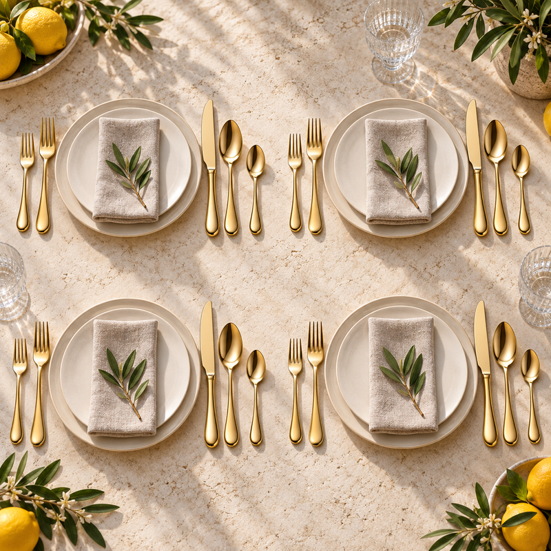 Mepra Brescia Oro 20-piece polished gold flatware arranged as four sunlit Mediterranean place settings
