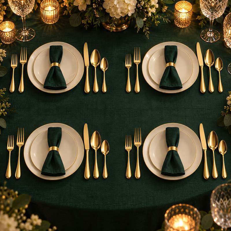 Mepra Brescia Oro 20-piece polished gold flatware displayed as four formal emerald evening place settings