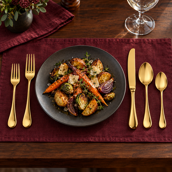 Mepra Brescia Oro polished gold five-piece flatware beside roasted vegetables on burgundy linen
