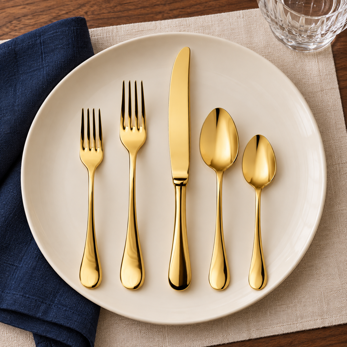 Mepra Brescia Oro polished gold five-piece flatware on ivory plate with navy linen