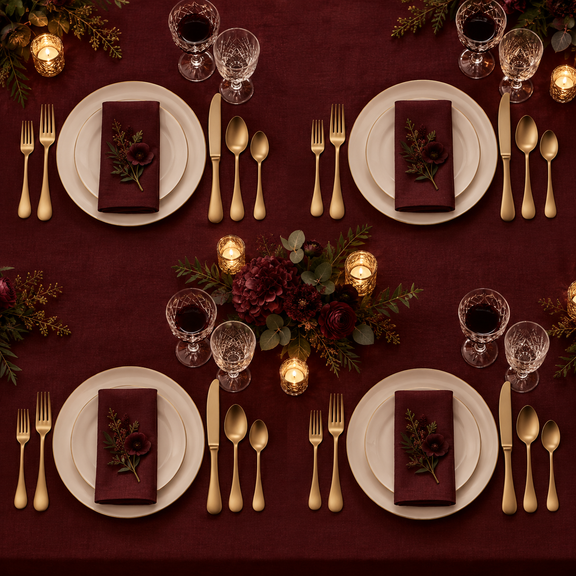 Mepra Brescia Oro Ice 20-piece brushed gold flatware displayed as four formal burgundy evening place settings