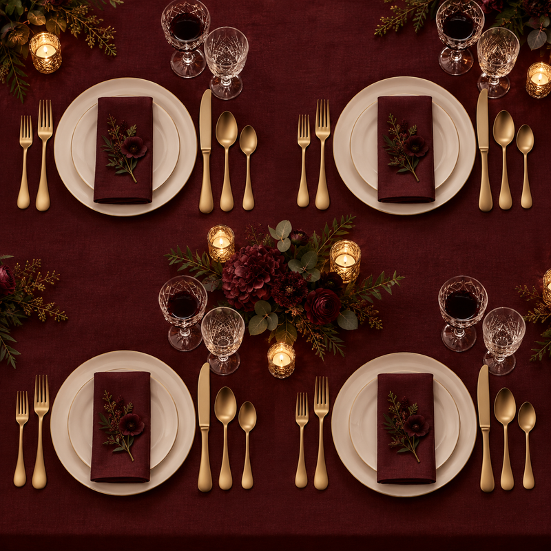 Mepra Brescia Oro Ice 20-piece brushed gold flatware displayed as four formal burgundy evening place settings