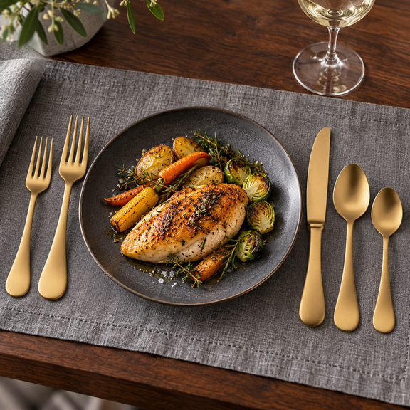 Mepra Brescia Oro Ice matte gold flatware beside chicken dinner on gray linen