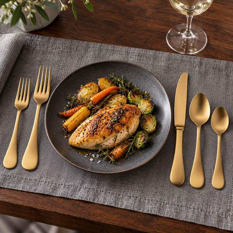 Mepra Brescia Oro Ice matte gold flatware beside chicken dinner on gray linen