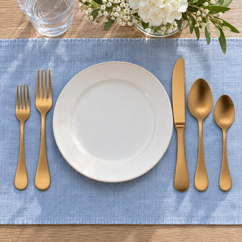 Mepra Brescia Oro Ice brushed gold five-piece setting on blue linen