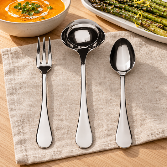Mepra Brescia three-piece serving set beside soup and asparagus