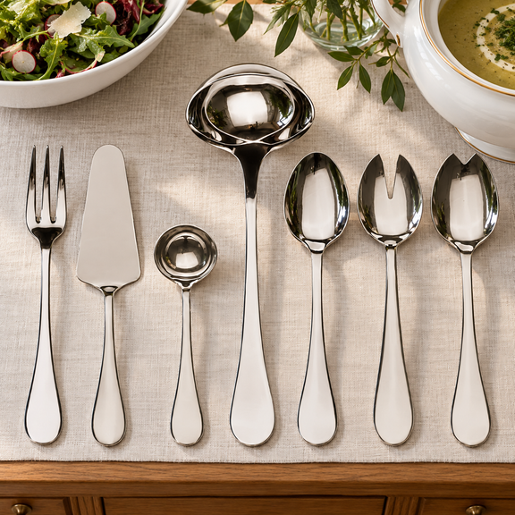 Mepra Brescia seven polished silver serving tools at a salad and soup buffet