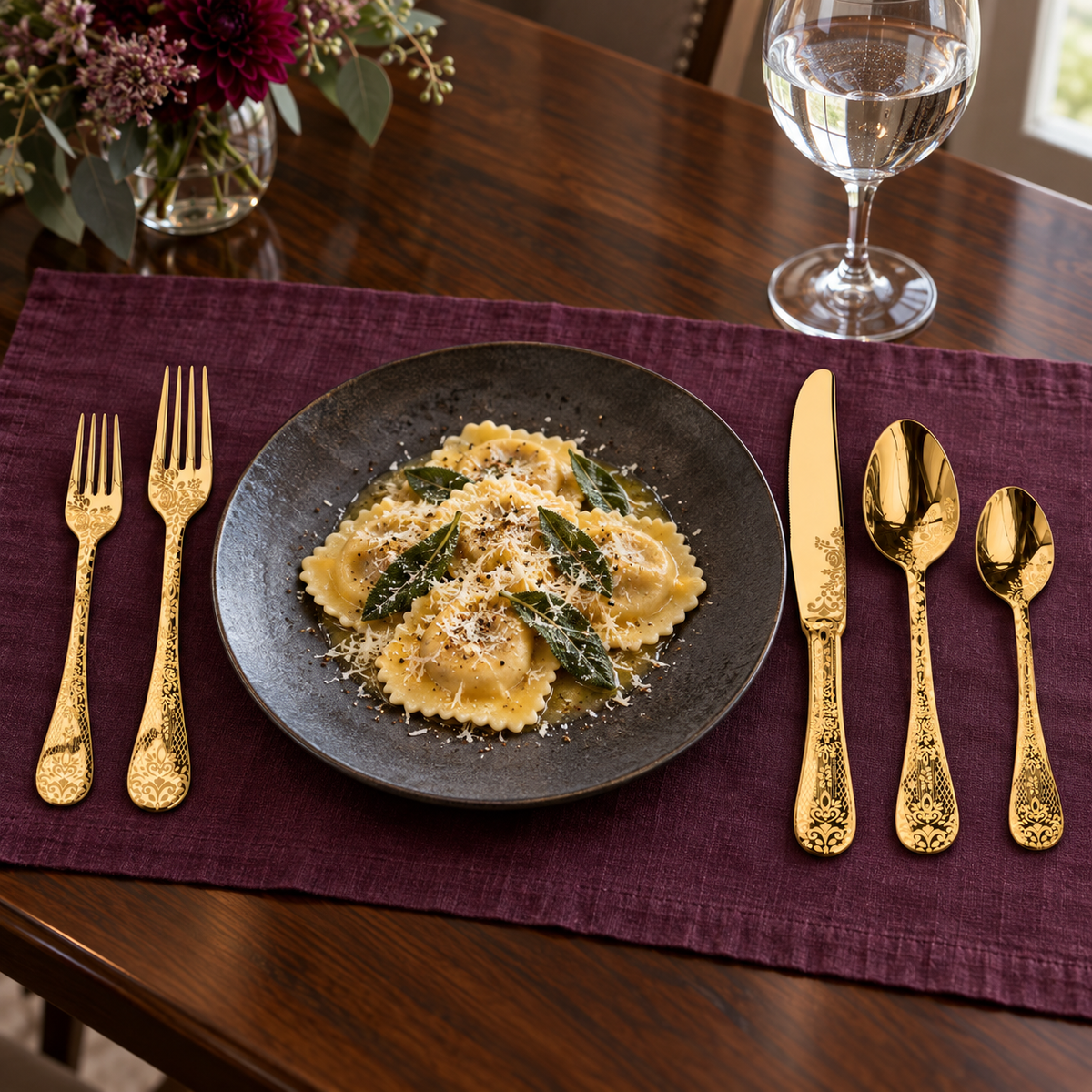 Mepra Casablanca Oro engraved gold flatware beside ravioli on plum linen