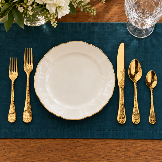 Mepra Casablanca Oro engraved gold five-piece flatware on teal linen