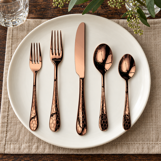 Mepra Coccodrillo Bronzo five-piece textured bronze flatware on ivory plate