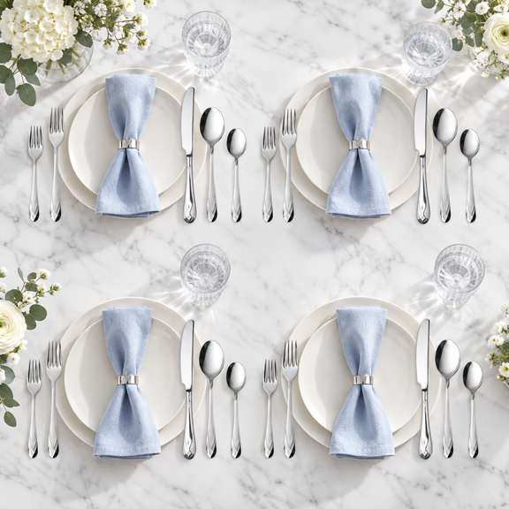 Mepra Diamante 20-piece polished silver flatware arranged as four luminous marble-table place settings