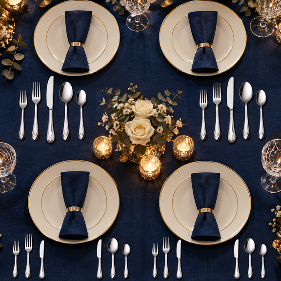 Mepra Diamante 20-piece polished silver flatware displayed as four formal midnight-blue place settings