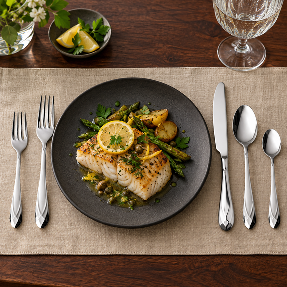 Mepra Diamante faceted silver flatware beside lemon fish on sand linen