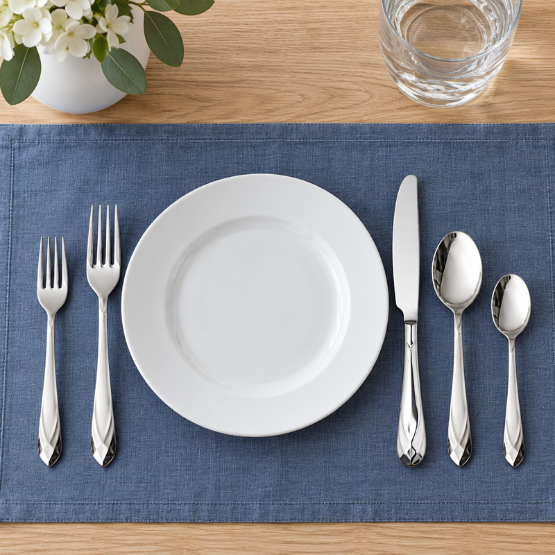 Mepra Diamante faceted silver five-piece flatware setting on blue linen