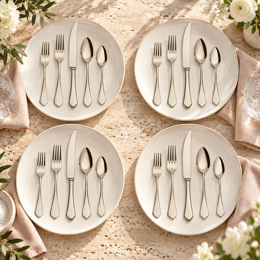 Mepra Dolce Vita Champagne 20-piece flatware arranged as four sunlit travertine-table place settings