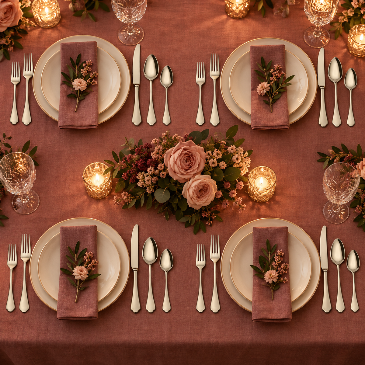 Mepra Dolce Vita Champagne 20-piece flatware displayed as four romantic dusty-rose evening place settings