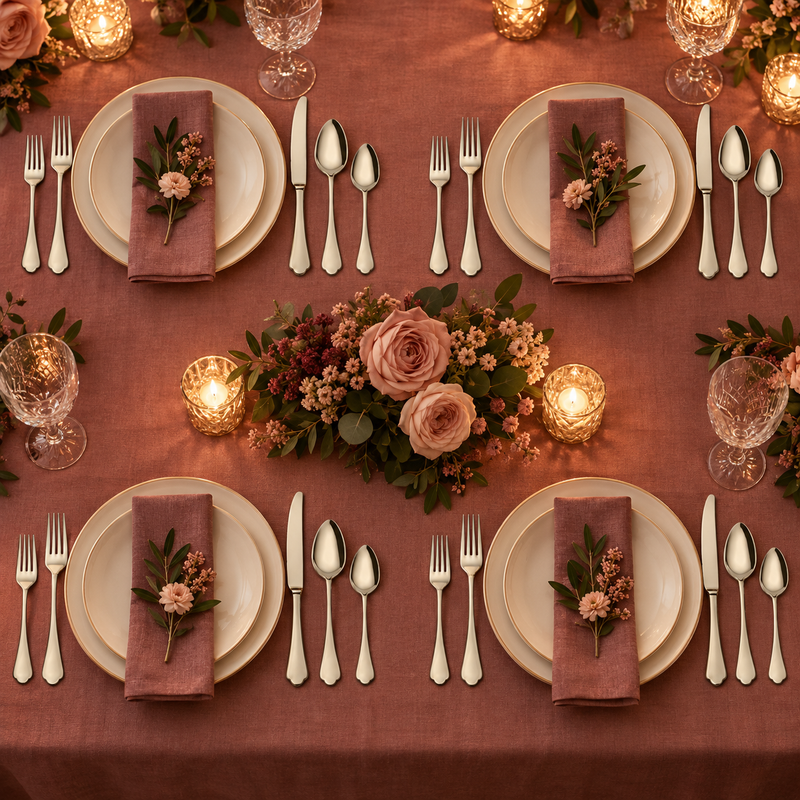Mepra Dolce Vita Champagne 20-piece flatware displayed as four romantic dusty-rose evening place settings
