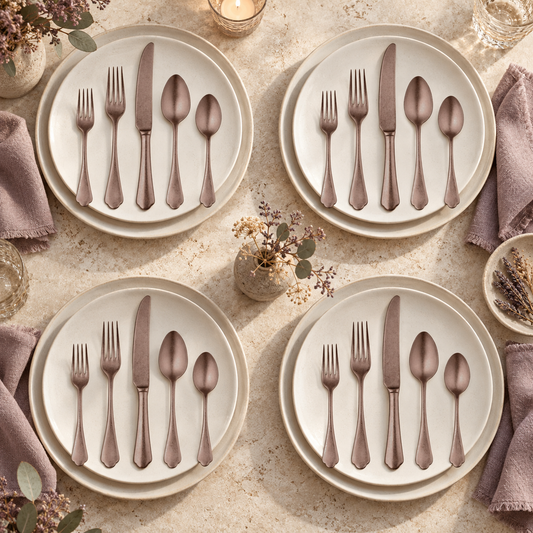 Mepra Dolce Vita Pewter Bronze 20-piece flatware lifestyle setting