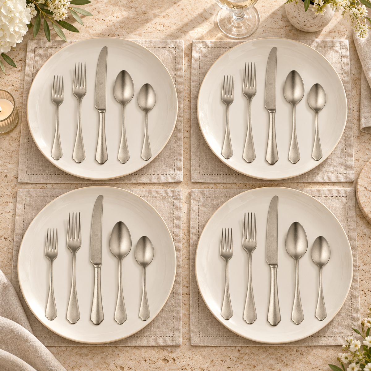 Mepra Dolce Vita Pewter Champagne 20-piece flatware lifestyle setting