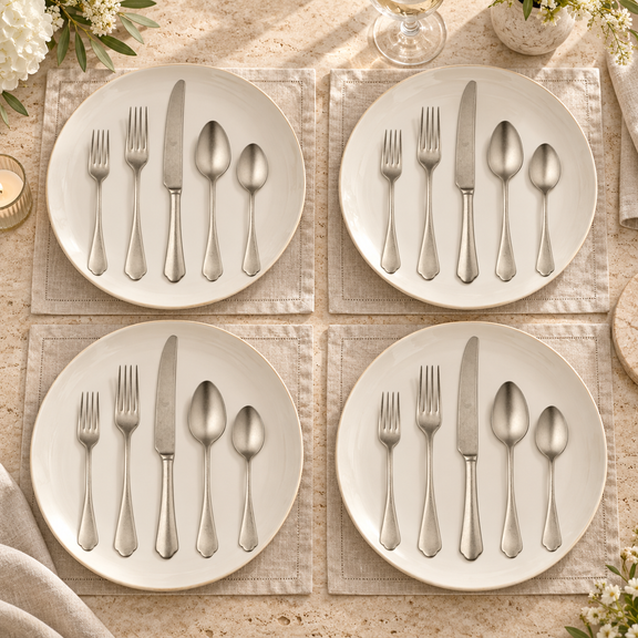 Mepra Dolce Vita Pewter Champagne 20-piece flatware lifestyle setting