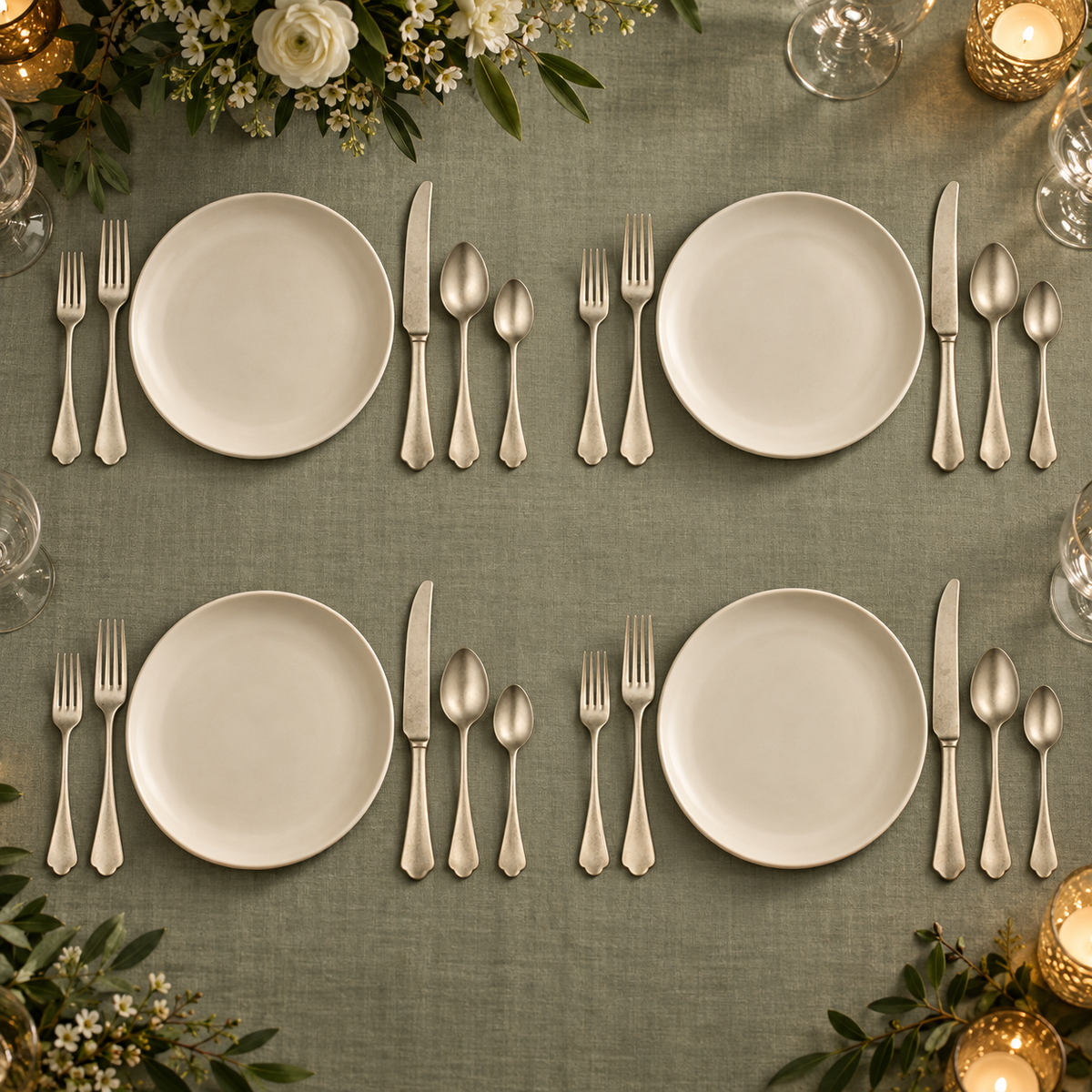 Mepra Dolce Vita Pewter Champagne 20-piece flatware evening lifestyle setting