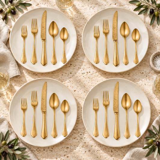 Mepra Dolce Vita Pewter Oro 20-piece flatware Mediterranean lifestyle setting
