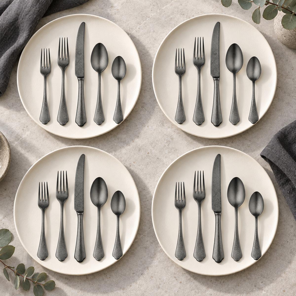 Mepra Dolce Vita Pewter Oro Nero 20-piece flatware modern lifestyle setting
